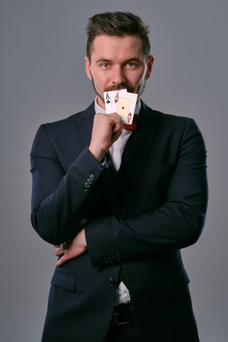 Live-dealer conducting baccarat game with cards and betting layout visible
